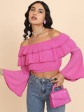 Tokyo Talkies Women Pink Self Design Bardot Top - Pink - Image 1