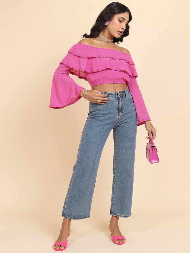 Tokyo Talkies Women Pink Self Design Bardot Top - Pink - Image 2