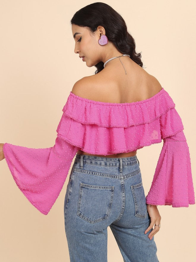 Tokyo Talkies Women Pink Self Design Bardot Top - Pink - Image 3
