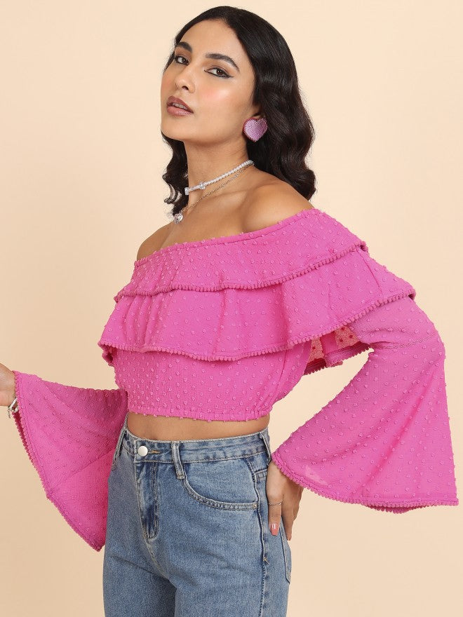 Tokyo Talkies Women Pink Self Design Bardot Top - Pink - Image 4