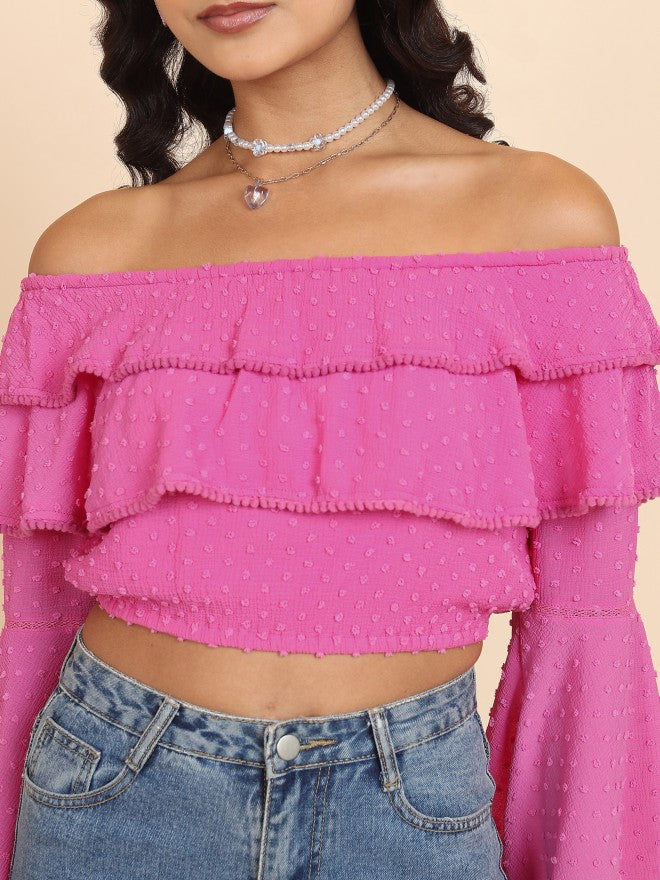 Tokyo Talkies Women Pink Self Design Bardot Top - Pink - Image 5