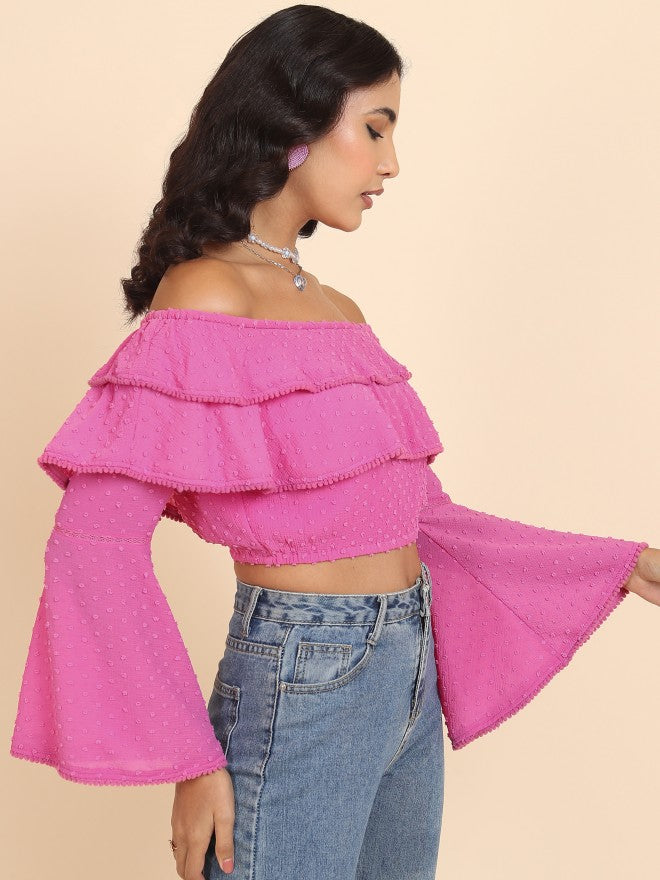Tokyo Talkies Women Pink Self Design Bardot Top - Pink - Image 6