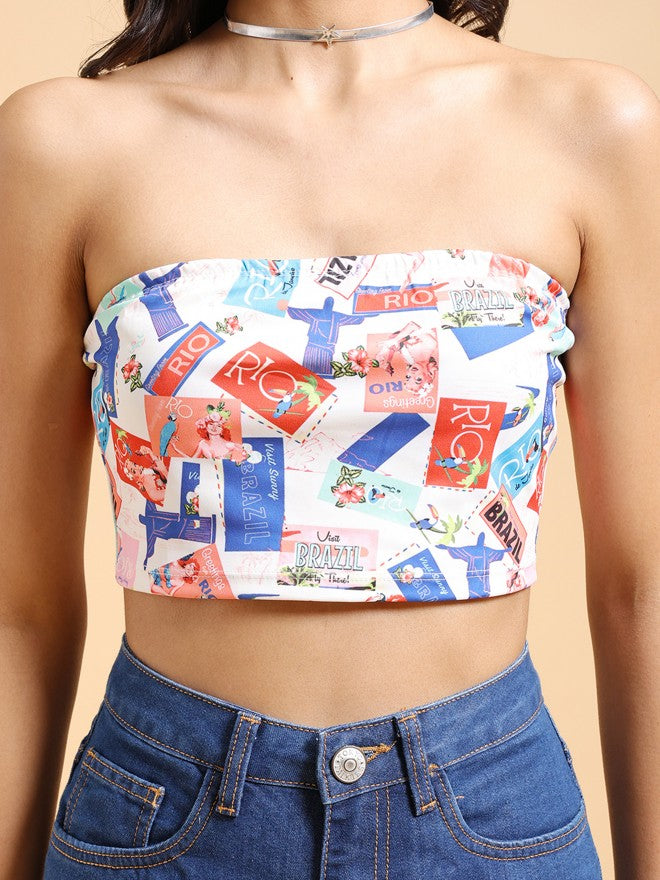 Tokyo Talkies Women Off White Printed Tube Top - Off White - Image 5
