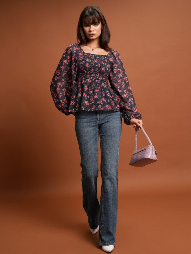 Tokyo Talkies Women Black Printed Peplum Top - Black - Image 2