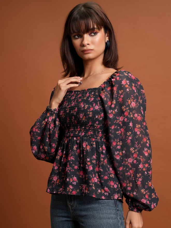 Tokyo Talkies Women Black Printed Peplum Top - Black - Image 4