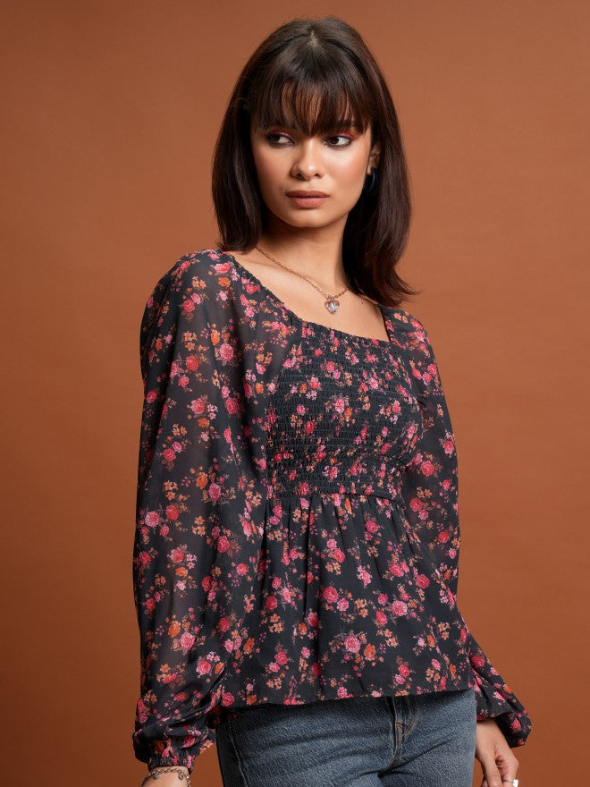 Tokyo Talkies Women Black Printed Peplum Top - Black - Image 6