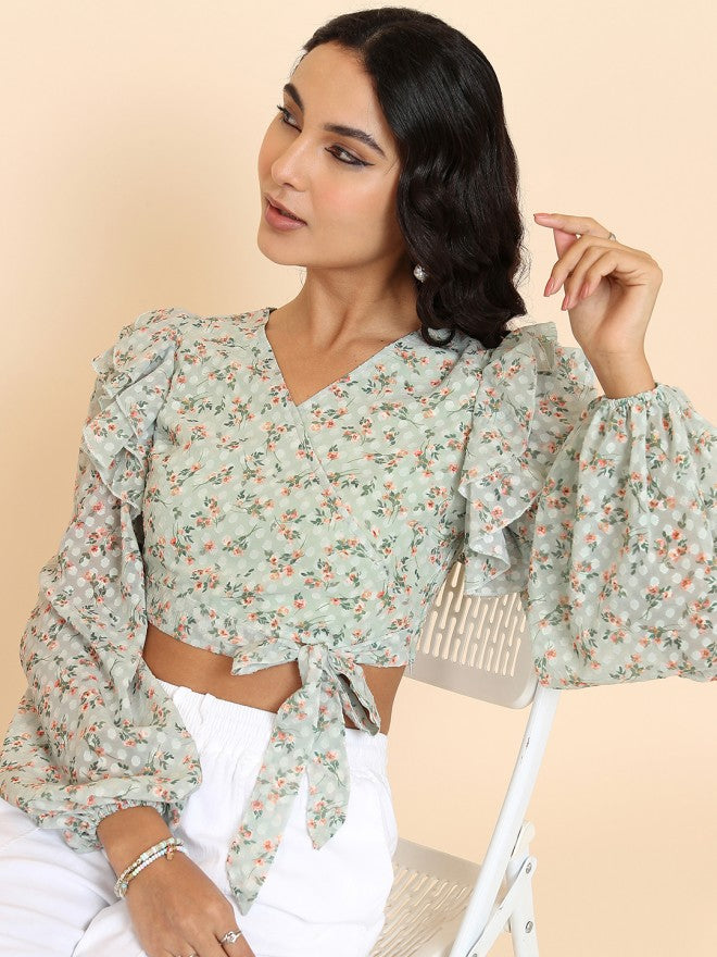 Tokyo Talkies Women Olive Printed Wrap Top - Olive - Image 1