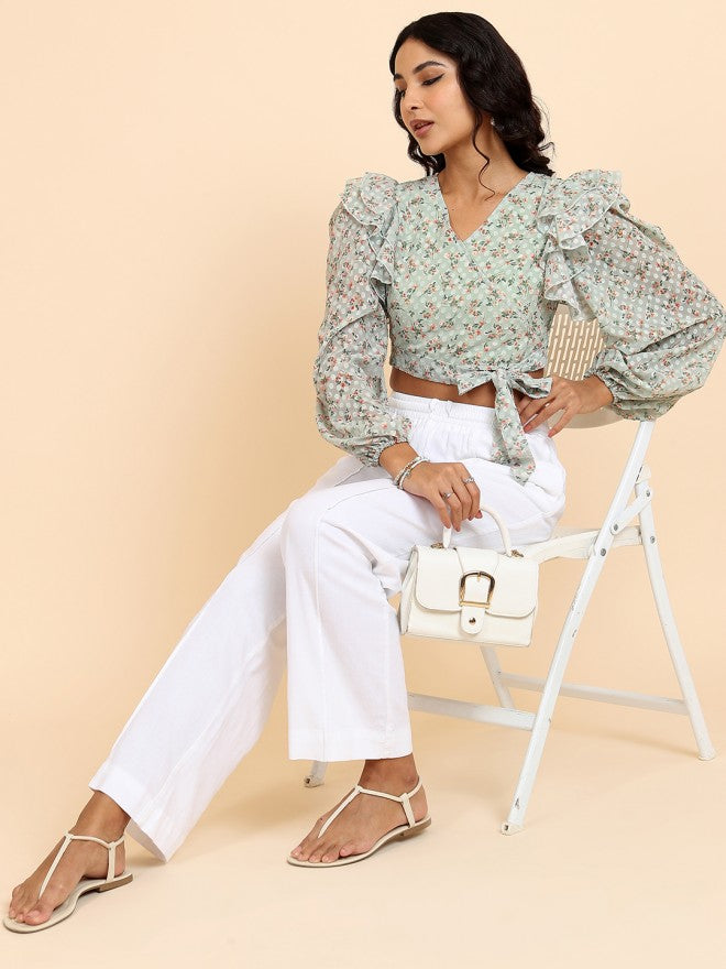 Tokyo Talkies Women Olive Printed Wrap Top - Olive - Image 2