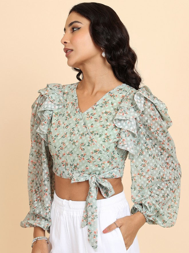 Tokyo Talkies Women Olive Printed Wrap Top - Olive - Image 4