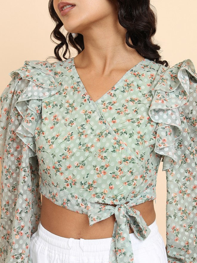 Tokyo Talkies Women Olive Printed Wrap Top - Olive - Image 5