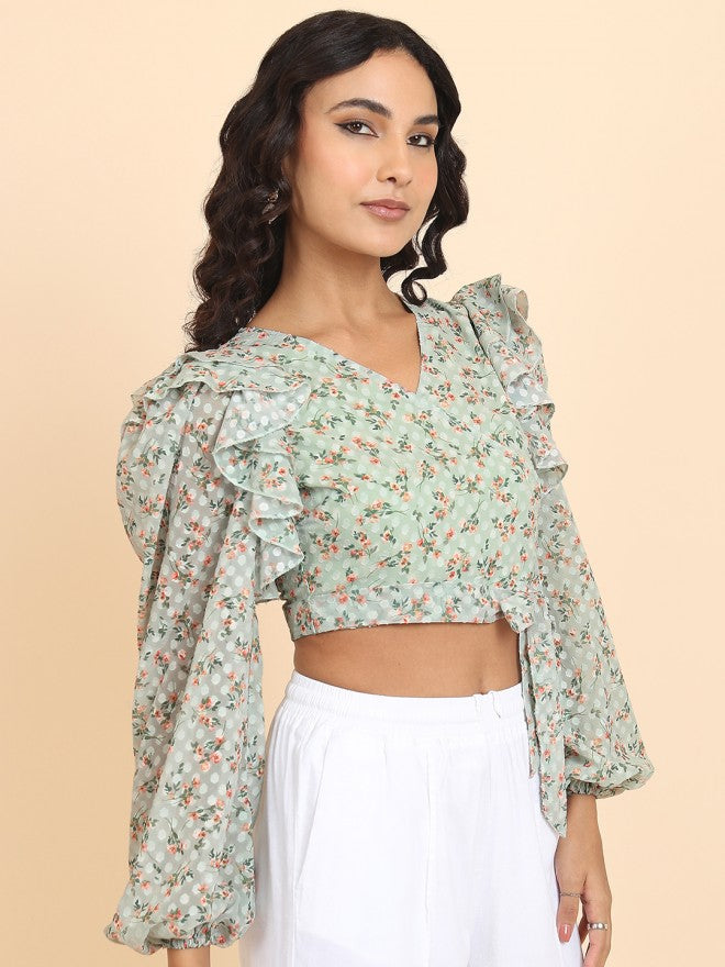 Tokyo Talkies Women Olive Printed Wrap Top - Olive - Image 6