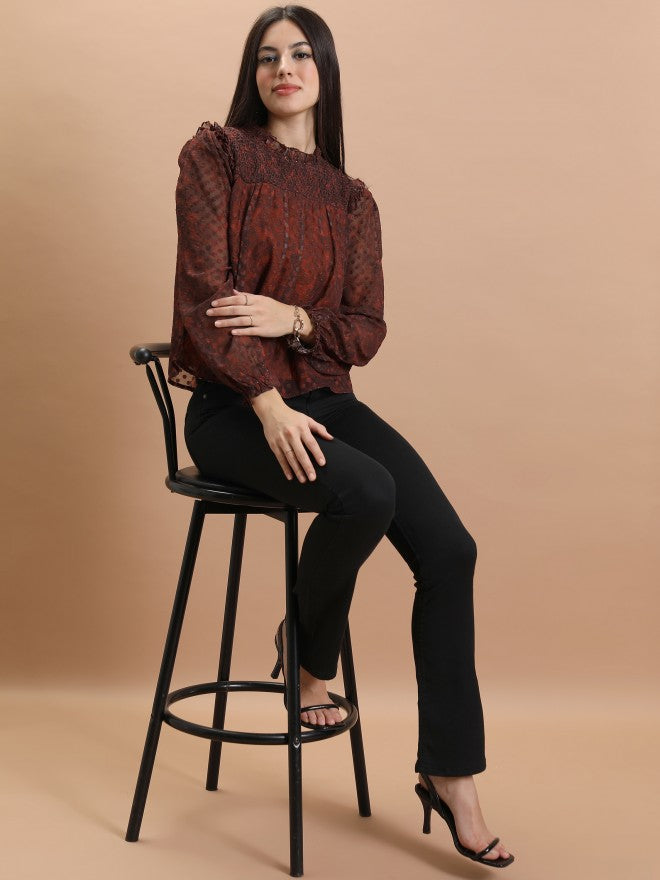 Tokyo Talkies Women Terracotta Printed Blouson Top - Terracotta - Image 2