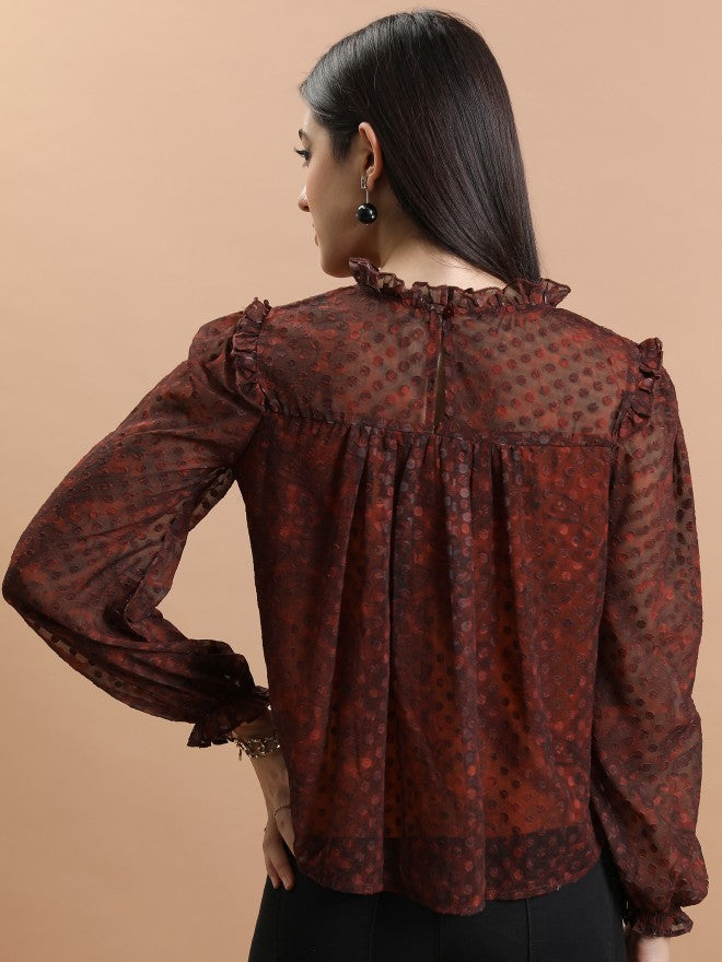 Tokyo Talkies Women Terracotta Printed Blouson Top - Terracotta - Image 3
