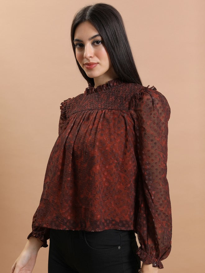 Tokyo Talkies Women Terracotta Printed Blouson Top - Terracotta - Image 4