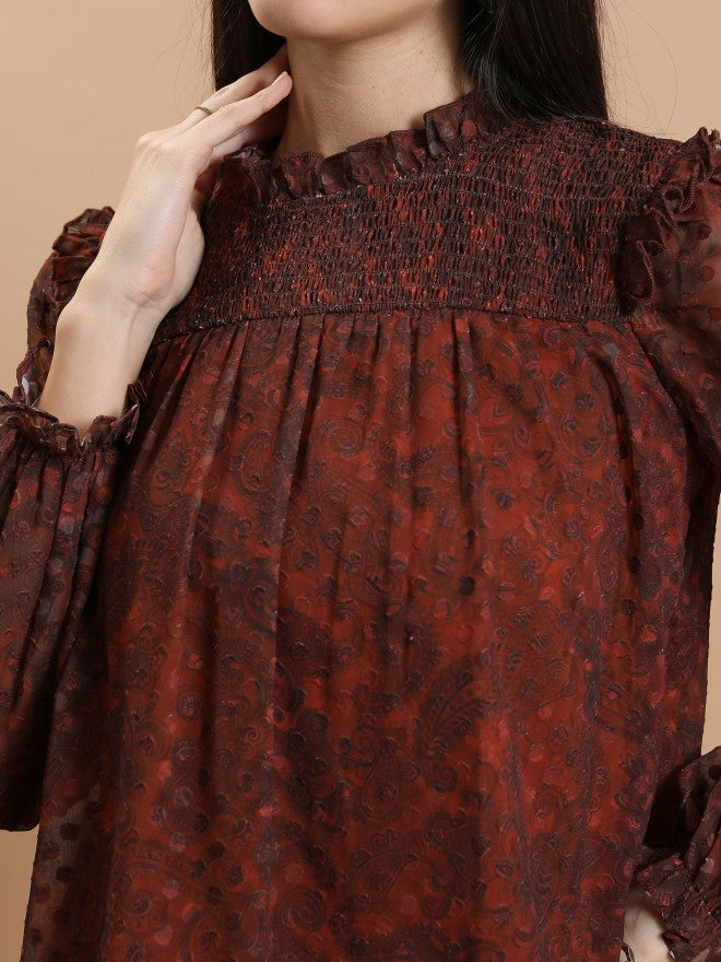 Tokyo Talkies Women Terracotta Printed Blouson Top - Terracotta - Image 5