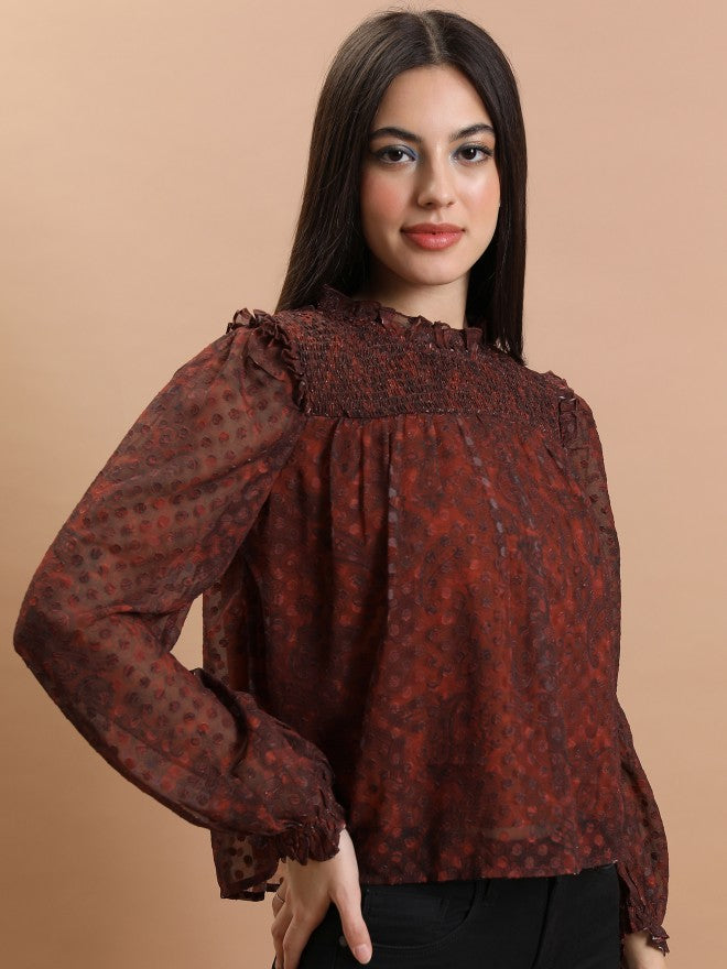 Tokyo Talkies Women Terracotta Printed Blouson Top - Terracotta - Image 6