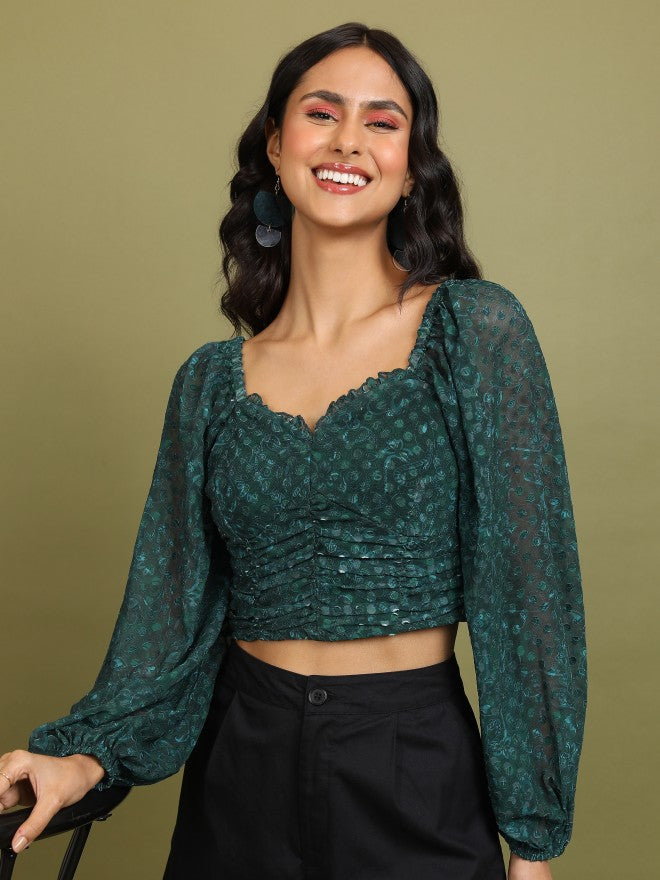 Tokyo Talkies Women Teal Self Design Regular Top - Teal - Image 1