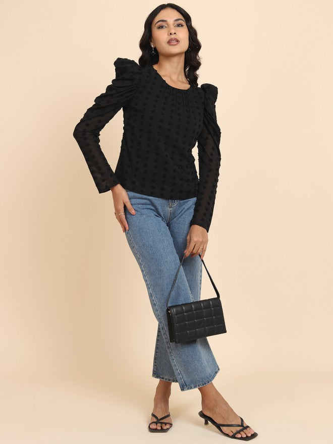 Tokyo Talkies Women Black Self Design Regular Top - Black - Image 2