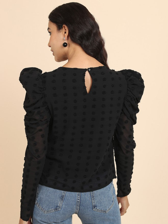 Tokyo Talkies Women Black Self Design Regular Top - Black - Image 3