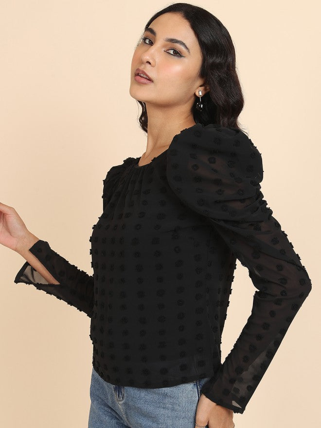 Tokyo Talkies Women Black Self Design Regular Top - Black - Image 4