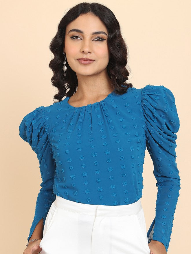 Tokyo Talkies Women Blue Self Design Regular Top - Blue - Image 1