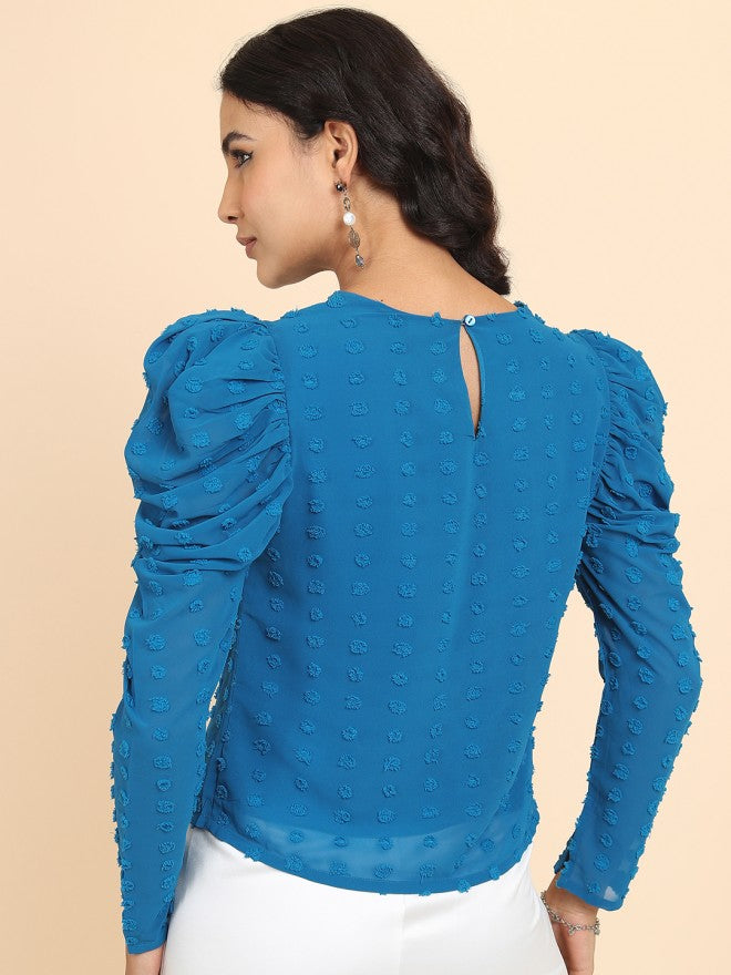 Tokyo Talkies Women Blue Self Design Regular Top - Blue - Image 3