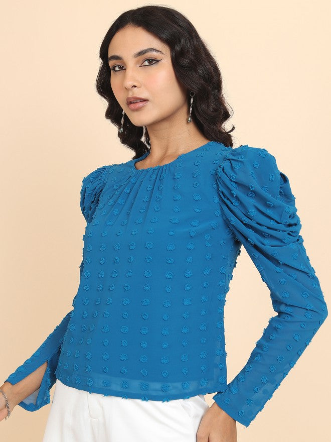 Tokyo Talkies Women Blue Self Design Regular Top - Blue - Image 4