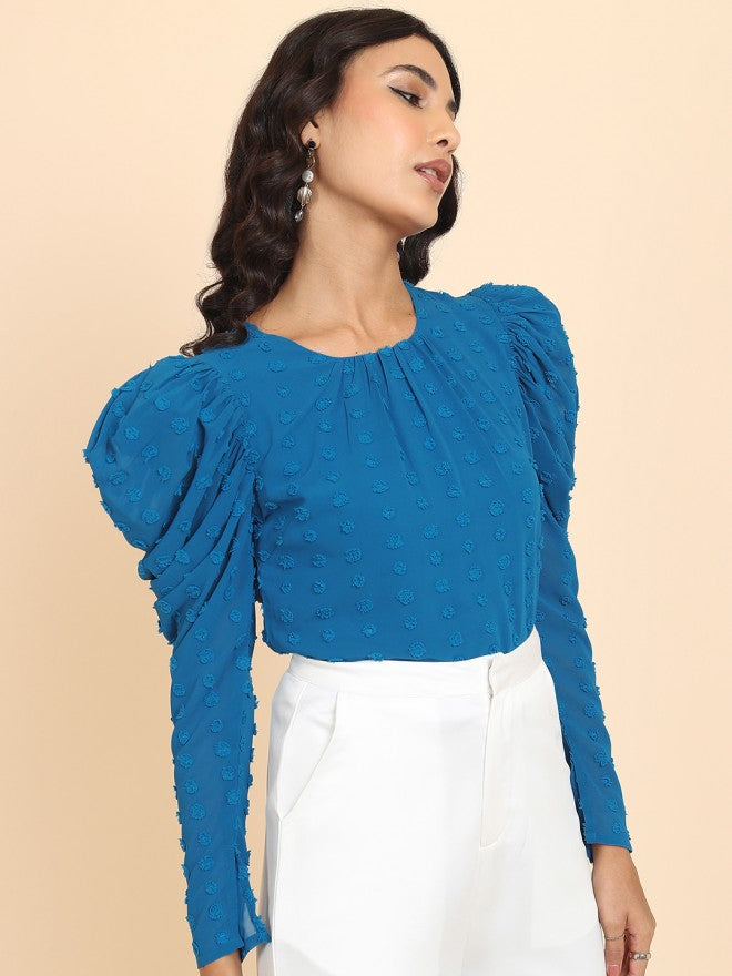 Tokyo Talkies Women Blue Self Design Regular Top - Blue - Image 6