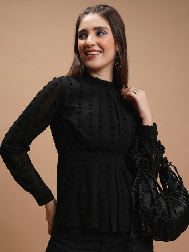 Tokyo Talkies Women Black Self Design Peplum Top - Black - Image 1