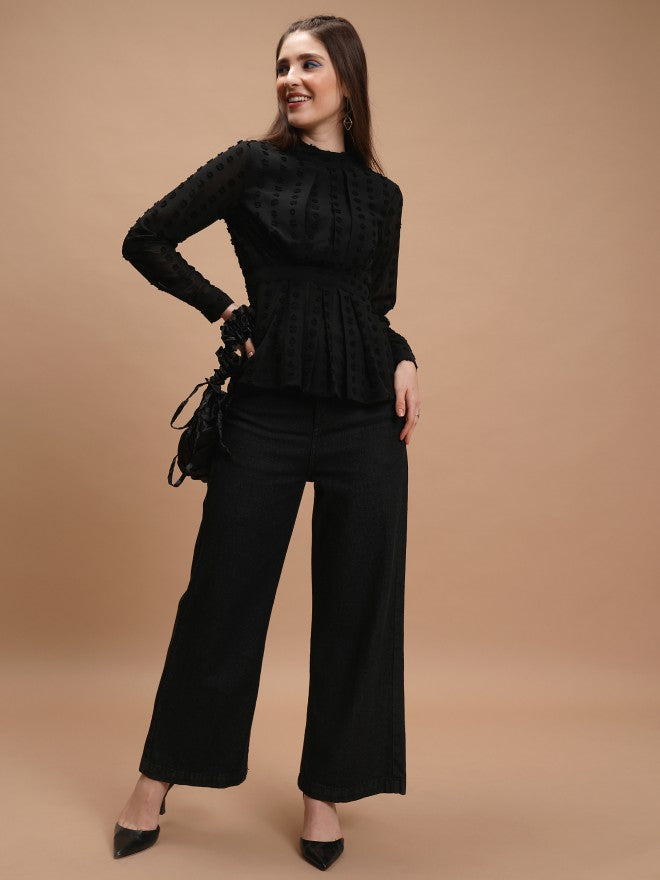 Tokyo Talkies Women Black Self Design Peplum Top - Black - Image 2