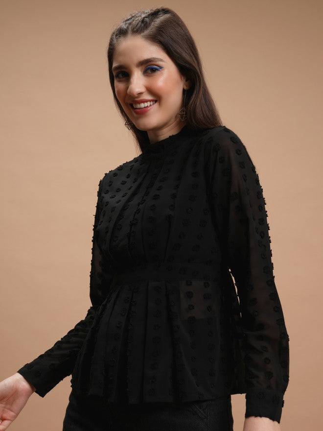 Tokyo Talkies Women Black Self Design Peplum Top - Black - Image 4