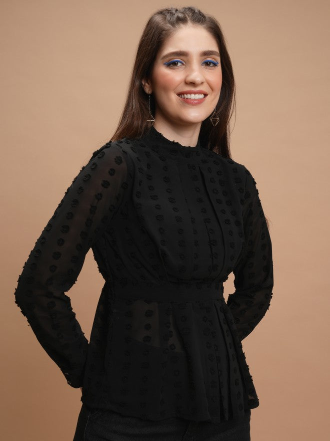 Tokyo Talkies Women Black Self Design Peplum Top - Black - Image 6