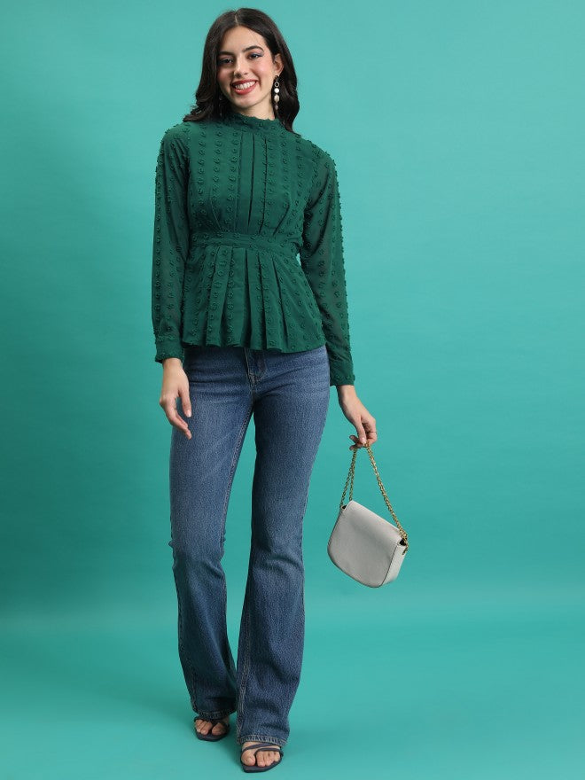 Tokyo Talkies Women Green Self Design Blouson Top - Green - Image 2
