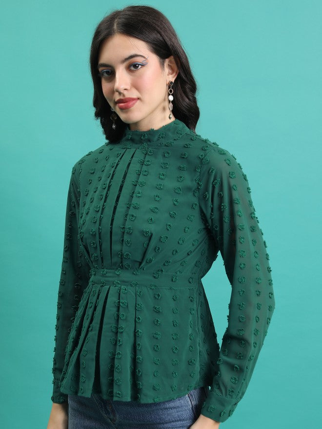 Tokyo Talkies Women Green Self Design Blouson Top - Green - Image 4