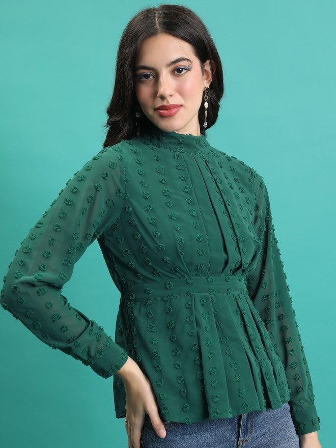 Tokyo Talkies Women Green Self Design Blouson Top - Green - Image 6