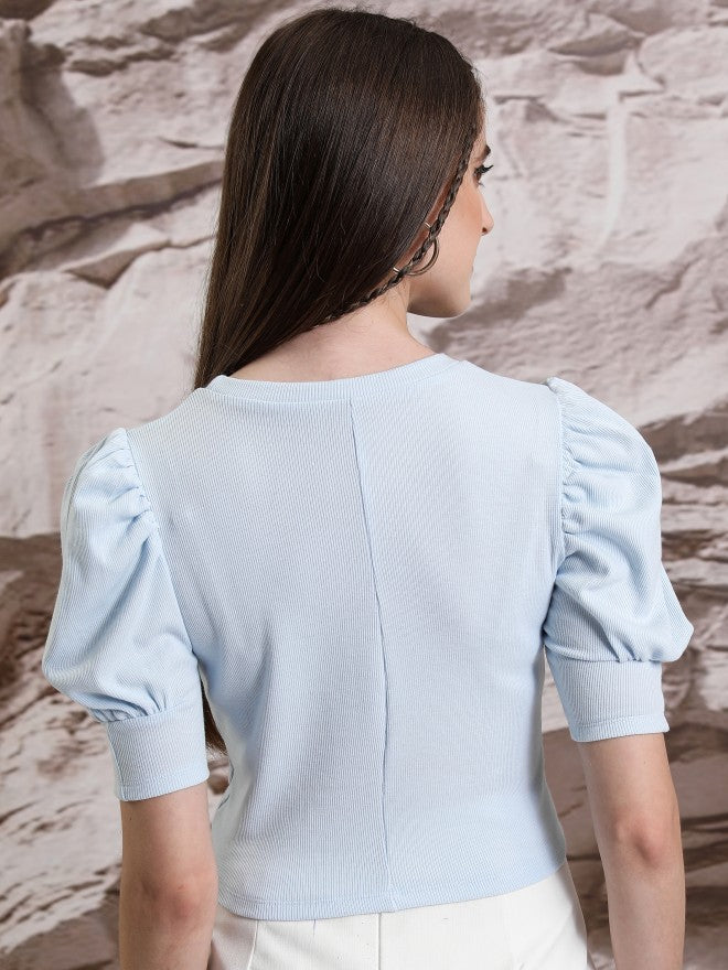 Tokyo Talkies Women Blue Solid Fitted Top - Blue - Image 3