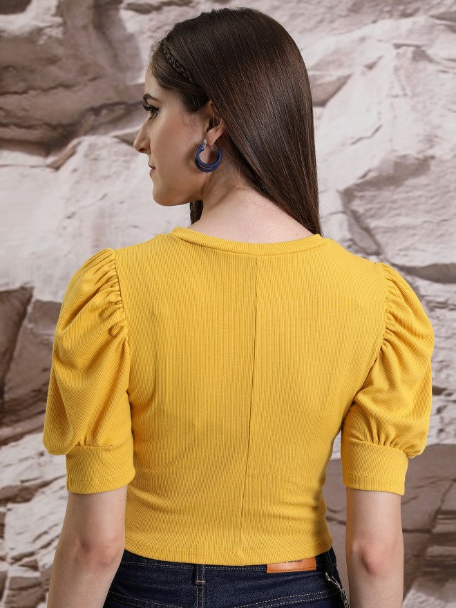 Tokyo Talkies Women Mustard Solid Fitted Top - Mustard - Image 3