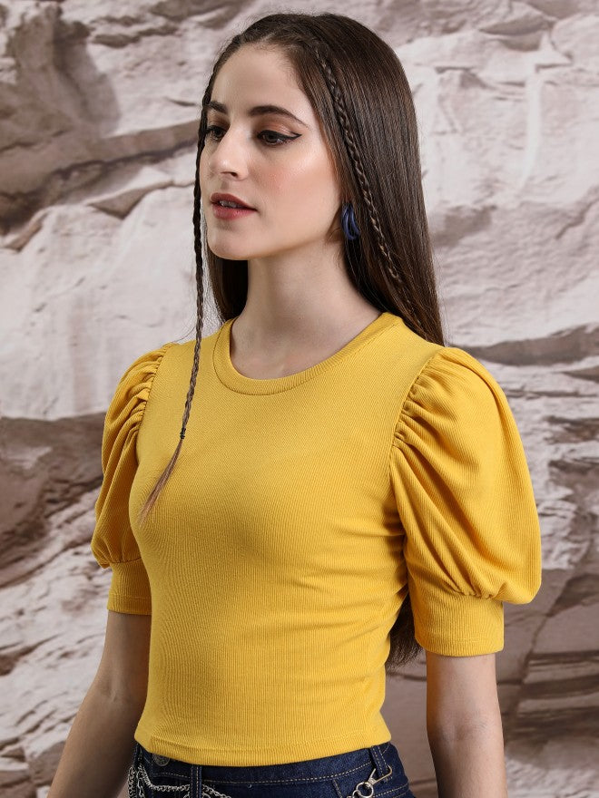 Tokyo Talkies Women Mustard Solid Fitted Top - Mustard - Image 4