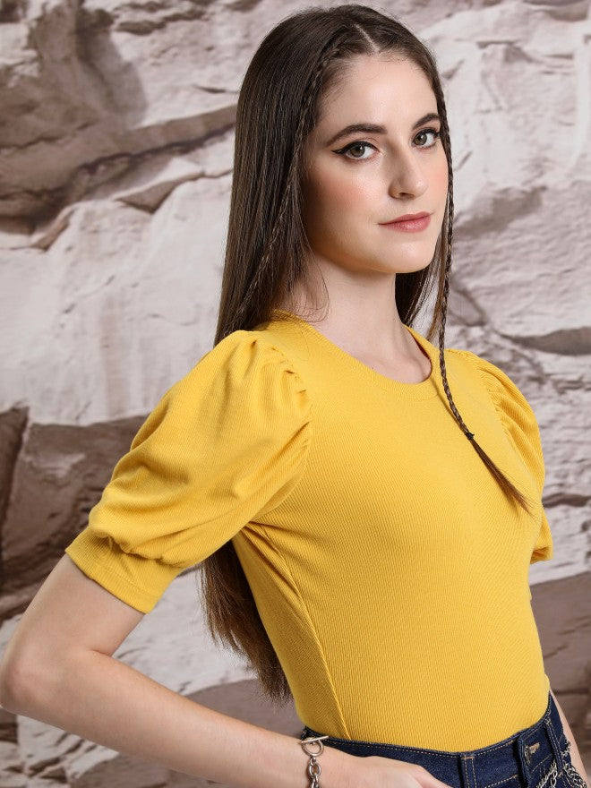 Tokyo Talkies Women Mustard Solid Fitted Top - Mustard - Image 6