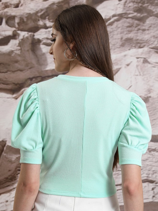 Tokyo Talkies Women Green Solid Fitted Top - Green - Image 3