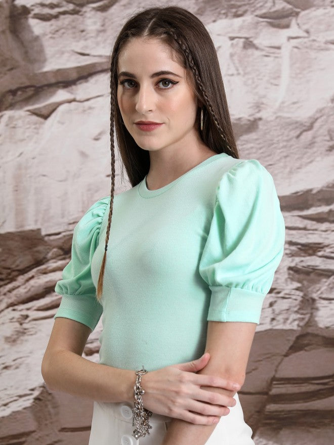 Tokyo Talkies Women Green Solid Fitted Top - Green - Image 4