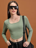 Tokyo Talkies Women Olive Solid Fitted Top - Olive - Image 1