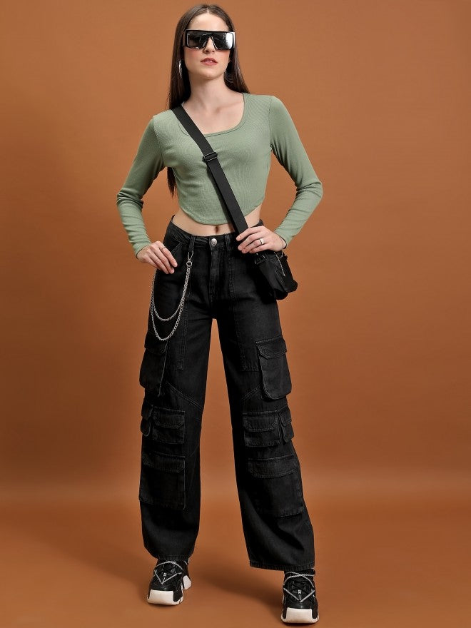 Tokyo Talkies Women Olive Solid Fitted Top - Olive - Image 2