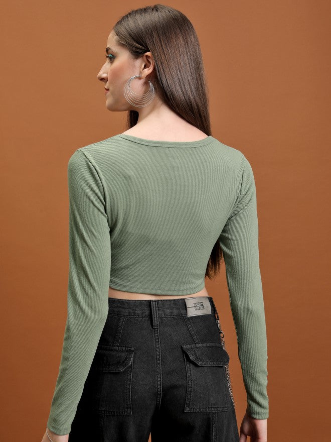 Tokyo Talkies Women Olive Solid Fitted Top - Olive - Image 3