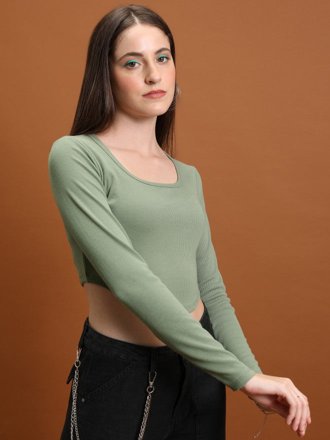 Tokyo Talkies Women Olive Solid Fitted Top - Olive - Image 6