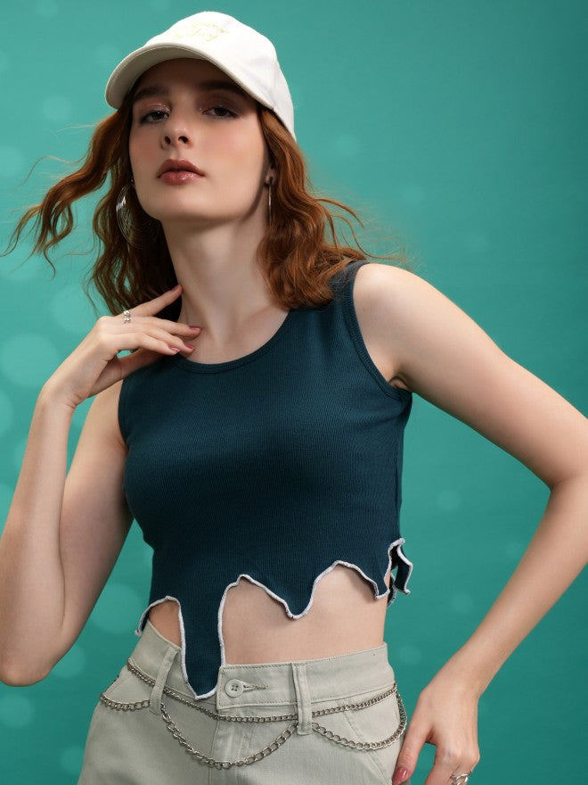 Tokyo Talkies Women Green Solid Fitted Top - Green - Image 1