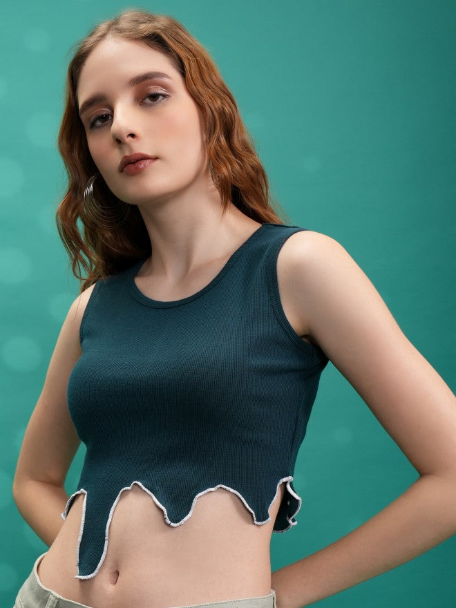 Tokyo Talkies Women Green Solid Fitted Top - Green - Image 4