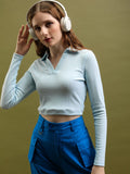 Tokyo Talkies Women Blue Solid Shirt Style Top - Blue - Image 1
