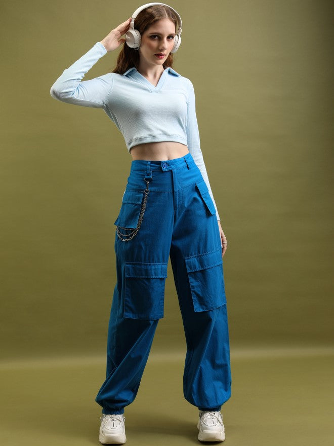Tokyo Talkies Women Blue Solid Shirt Style Top - Blue - Image 2