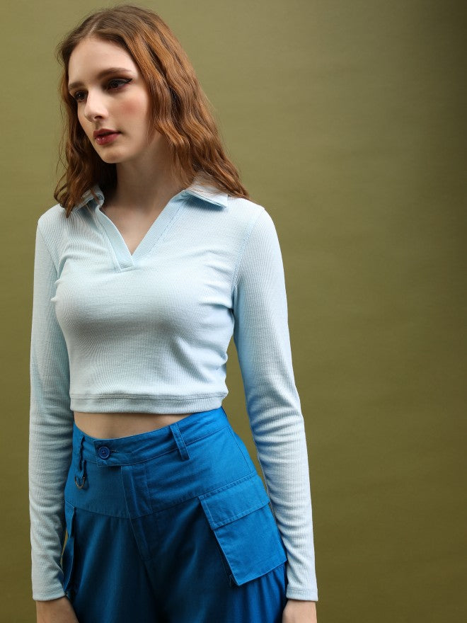 Tokyo Talkies Women Blue Solid Shirt Style Top - Blue - Image 4